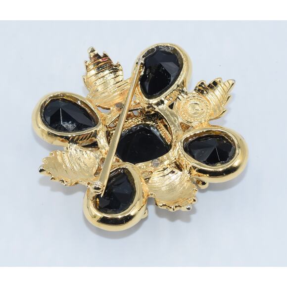Y2K ST. JOHN Designer Black & Gold Cabochon Maltese Cross Crest Brooch Pin - Picture 6 of 6